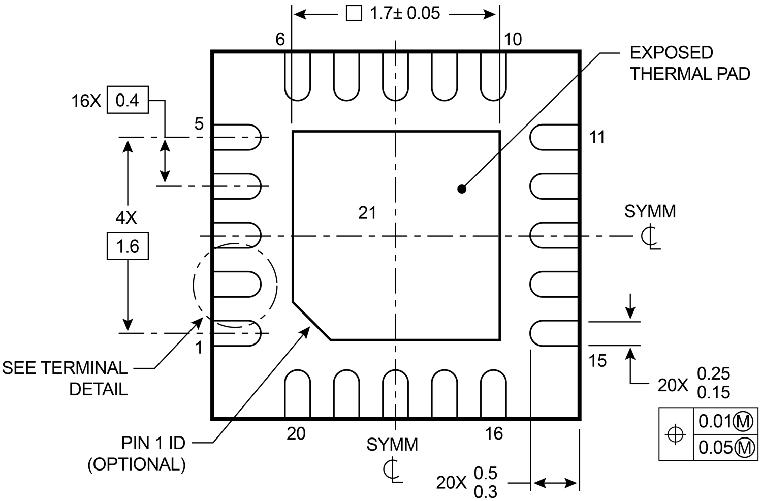  采用 20 引脚 0.8mm QFN 封装的<em></em>
                            MSPM0C1104 图纸